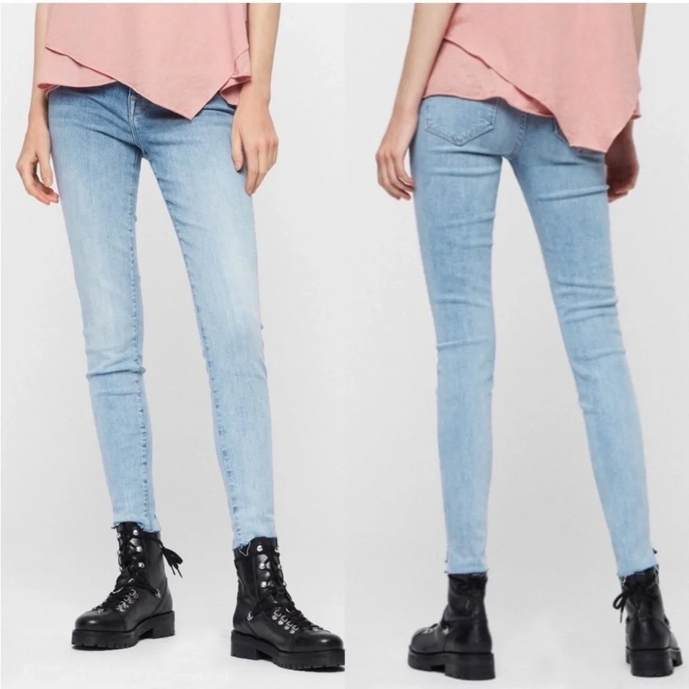 All Saints Roxanne Cropped Jeans Blue Raw Hem Distressed High Waisted Waist 28